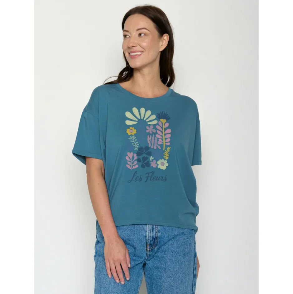 GreenBomb Alltagsbekleidung|T-Shirts-- Women's Les Fleurs Feel T-Shirt - T-Shirt True Blue
