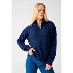 KnowledgeCotton Apparel - Women's M. 1/2 Zip High Neck Cable - Wollpullover Online