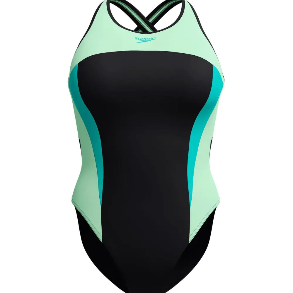 Speedo - Women's High Neck Splice Crossback Swimsuit - Badeanzug Turquoise Gem Sale