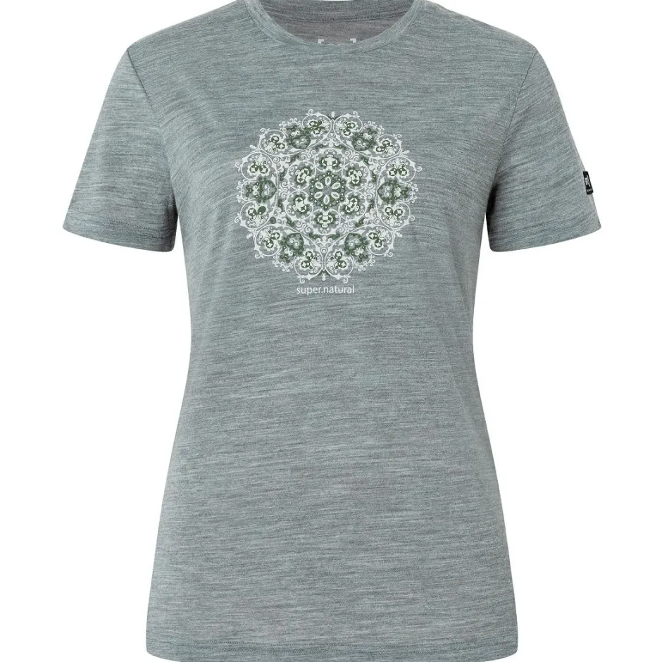 super.natural Alltagsbekleidung|Wanderbekleidung-- Women's Ornament Tee - Merinoshirt Cashmere Grey Melange / Leaf Melange / White Stone