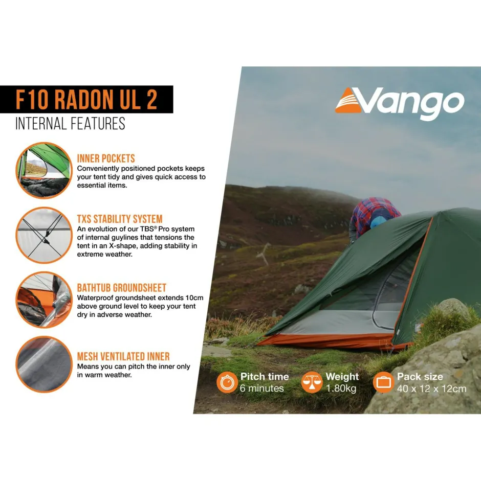 Vango Trekkingzelte|Trekkingausrüstung-- F10 Radon UL 2 - 2-Personen Zelt Alpine Green